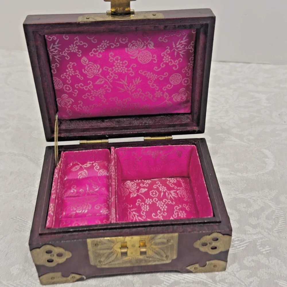 Vintage Chinese Carved Jade Stone & Rosewood Brass Pink Silk Lined Jewelry Box